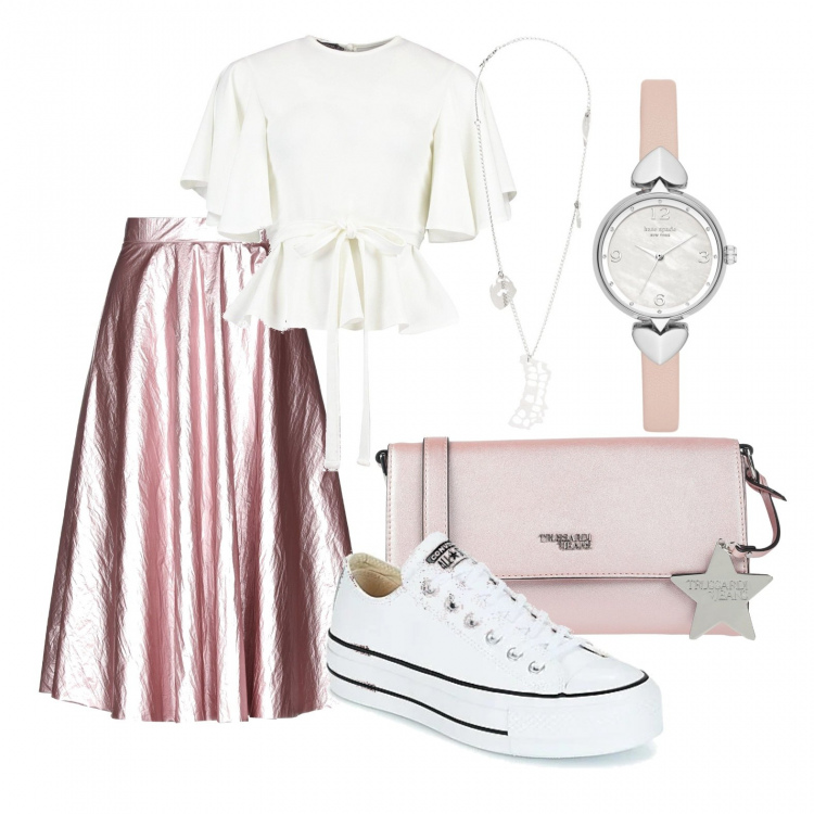 Outfit donna - La gonna con la blusa. Stile Trendy per Tutti i giorni. Abbinamento con gonne longuette, borsa a mano, orologi, collana, top, sneakers.