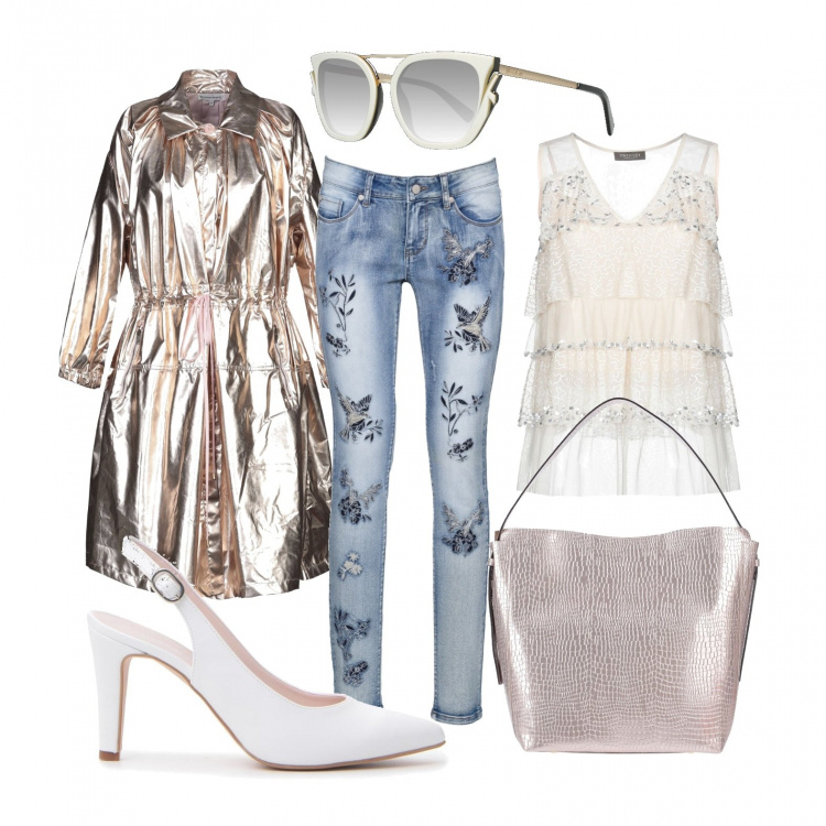 Outfit donna - Il trench in primavera. Stile Trendy per Tutti i giorni. Abbinamento con jeans skinny, top, cappotti, borse a mano, décolleté, occhiali da sole.