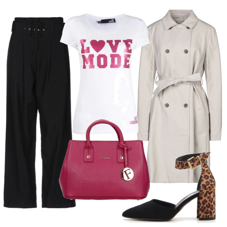 Outfit donna - Immancabile trench. Stile Trendy per Tutti i giorni. Abbinamento con cappotto, pantaloni lunghi, borsa a mano, t-shirt, décolleté.