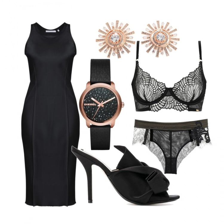 Outfit donna - Cena a lume di candela. Stile Sexy per Serata fuori. Abbinamento con vestito longuette/midi, slip, reggiseni, orecchini, orologi analogici, sandali con tacco.