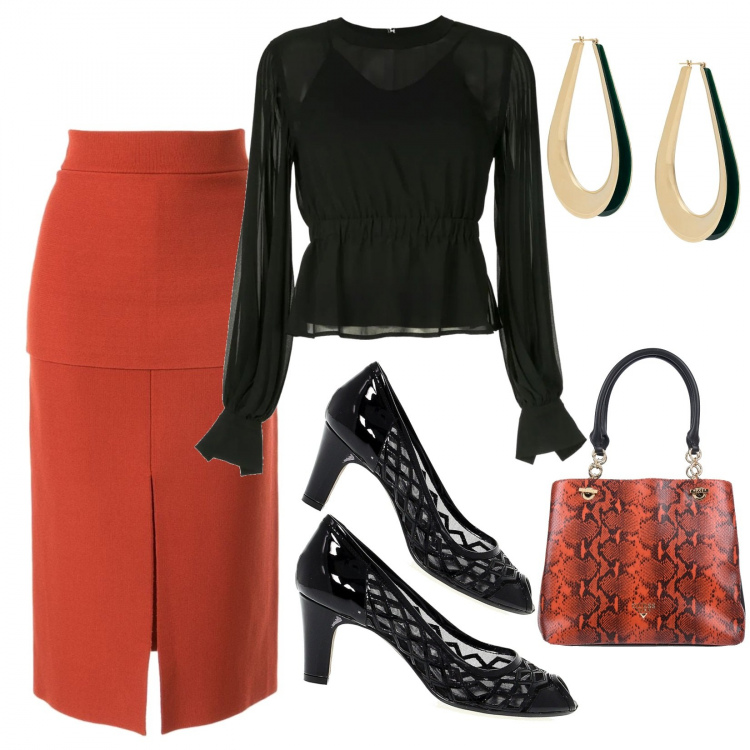 Outfit donna - Chic con la gonna lunga!. Stile Chic per Serata fuori. Abbinamento con borse a mano, décolleté, gonna, bluse, orecchini.