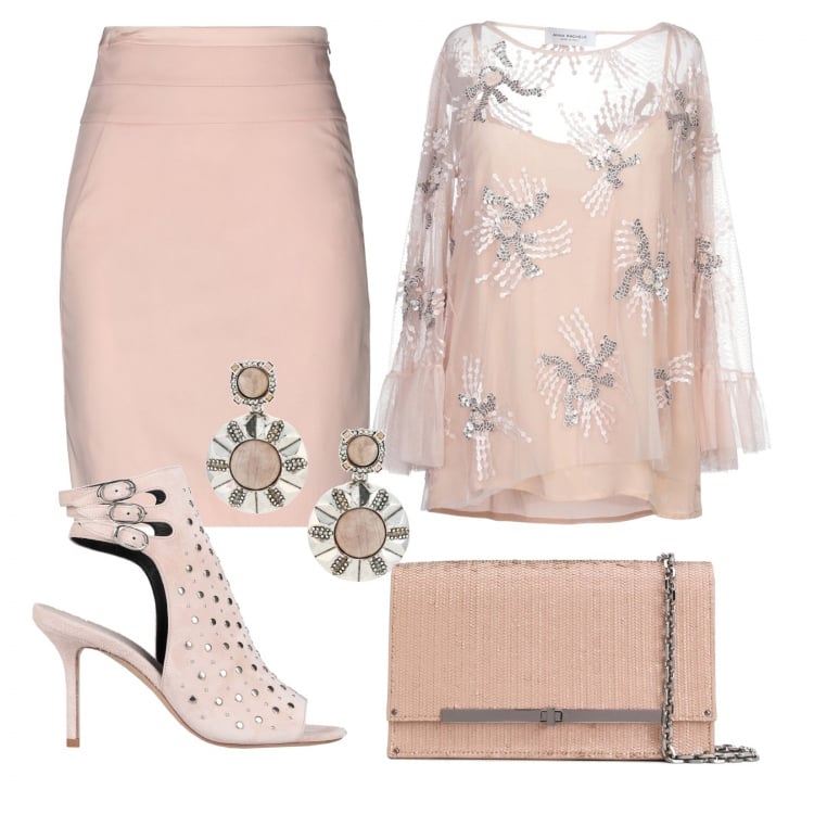 Outfit donna - Basic #13754. Stile Basic per Serata fuori. Abbinamento con bluse, gonna longuette, sandali in pelle, orecchini, borsa a tracolla in pelle argento.