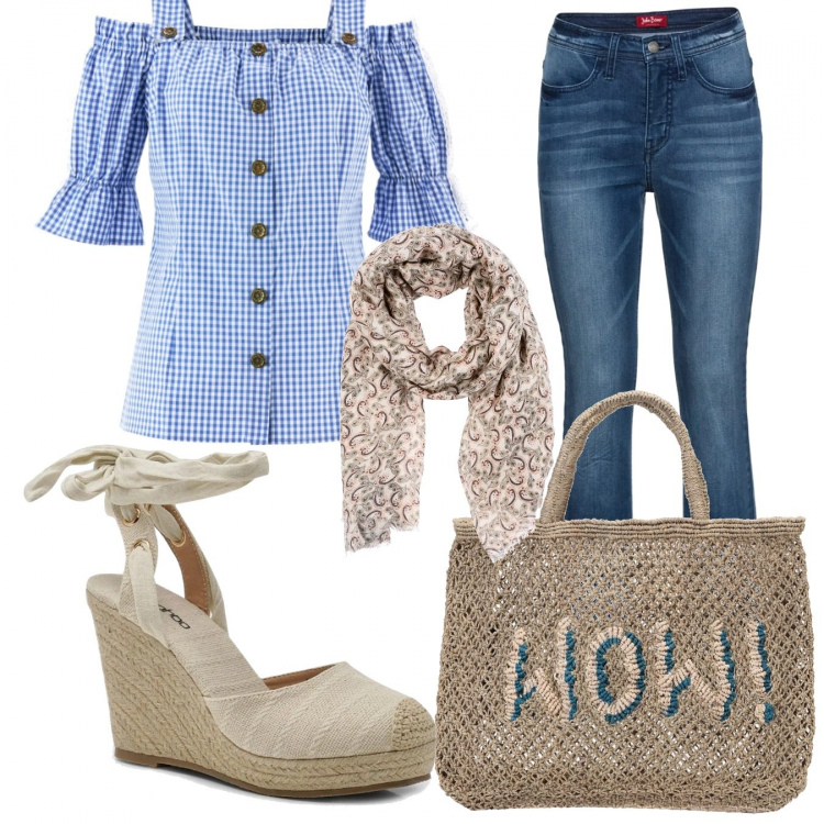 Outfit donna - Basic #13755. Stile Basic per Tutti i giorni. Abbinamento con camicie a manica corta, jeans, borse a mano, scaldacollo, espadrillas.