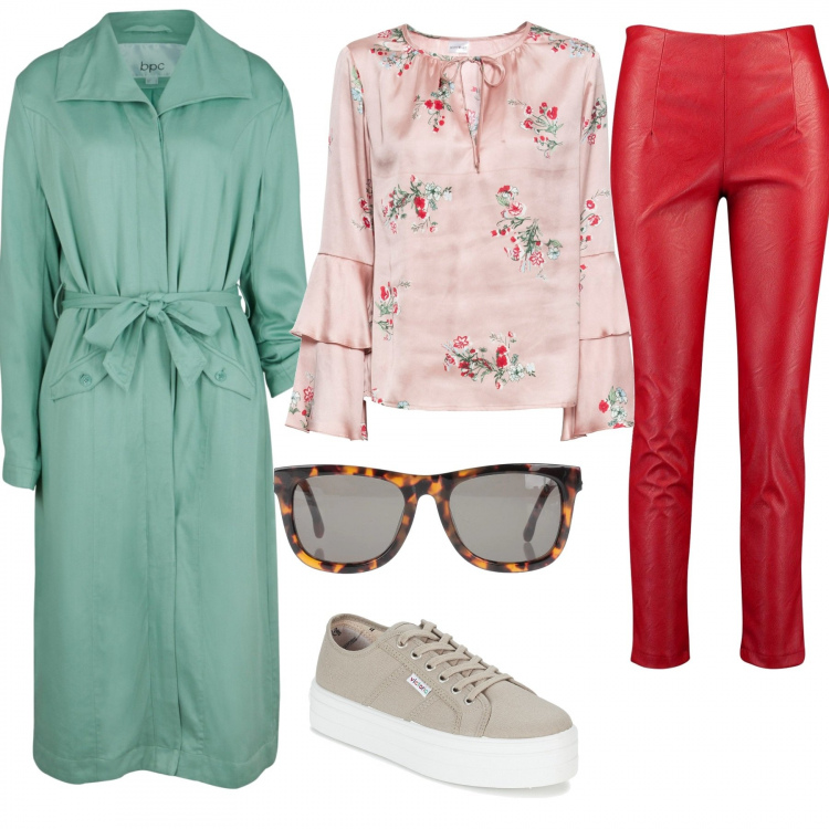 Outfit donna - Il trench a primavera. Stile Etnico per Tutti i giorni. Abbinamento con bluse, vestiti, occhiali da sole, pantalone skinny, sneakers.