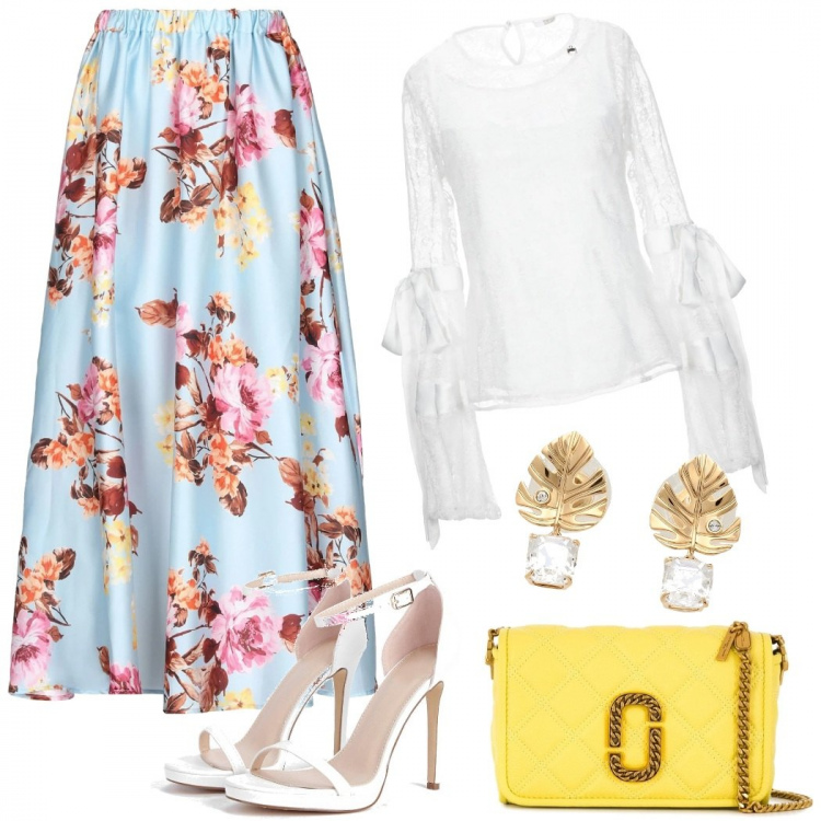 Outfit donna - Romantica e chic. Stile Chic per Tutti i giorni. Abbinamento con gonne lunghe, blusa, orecchini, scarpe col tacco, borse a spalla.