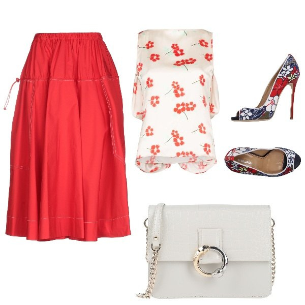 Outfit donna - Gonna lunga. Stile Trendy per Ufficio. Abbinamento con décolleté, borse a spalla, gonne longuette, blusa.