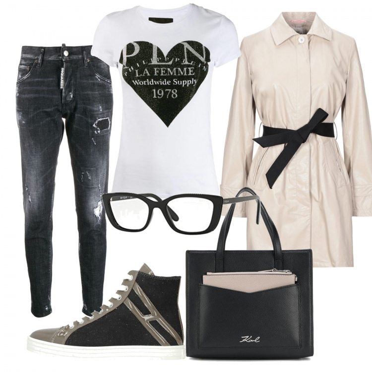Outfit donna - Basic #13761. Stile Basic per Tutti i giorni. Abbinamento con sneakers alte, cappotto, borsa tote, t-shirt, jeans skinny.