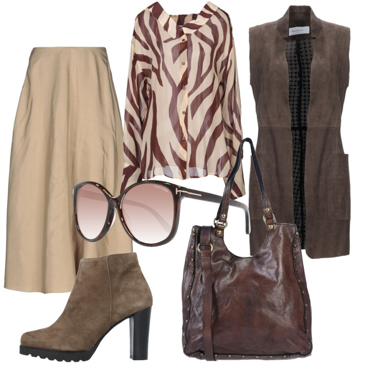 Outfit donna - Basic #13763. Stile Basic per Tutti i giorni. Abbinamento con camicie, cappotto, stivaletti, borsa a spalla, gonne longuette, occhiali da sole.