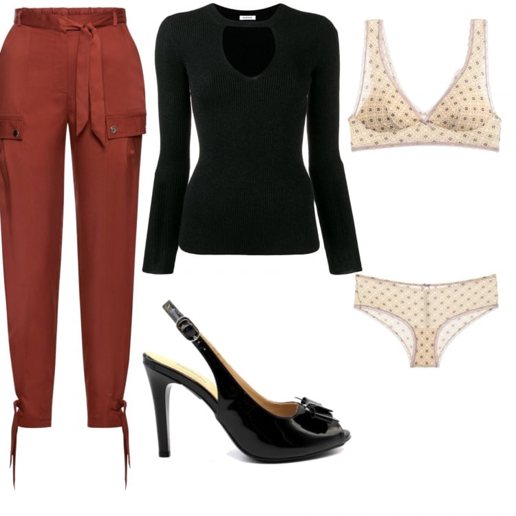 Outfit donna - Cena romantica a casa. Stile Basic per Serata fuori. Abbinamento con pantaloni culotte, completo intimo, sandali, maglione.