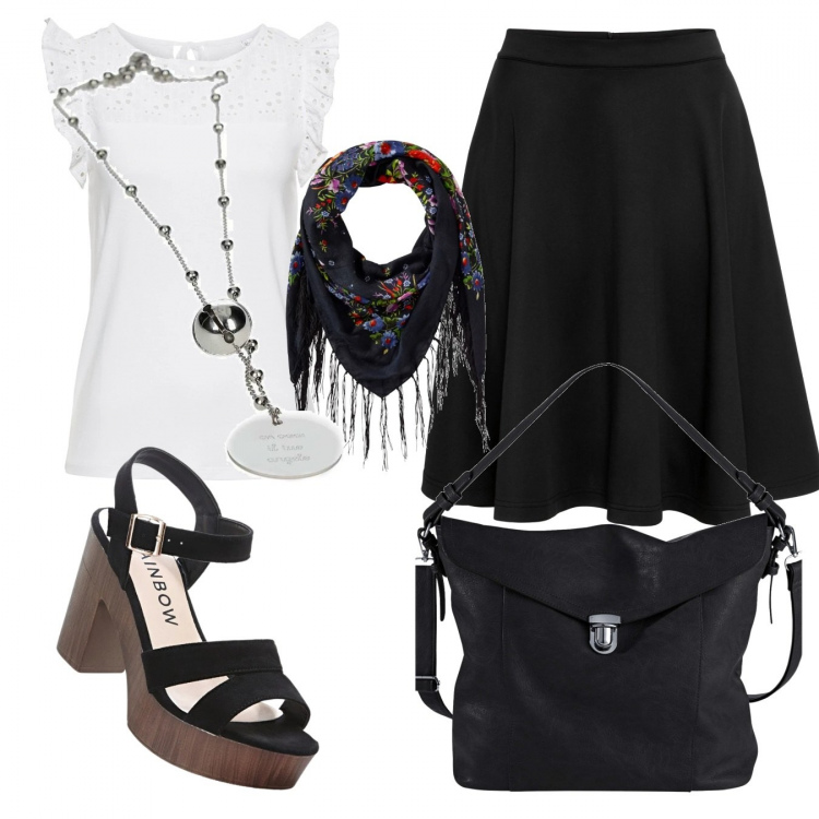 Outfit donna - Basic #13766. Stile Basic per Tutti i giorni. Abbinamento con gonne, sandali col tacco, top, borse a spalla, foulard, collane.