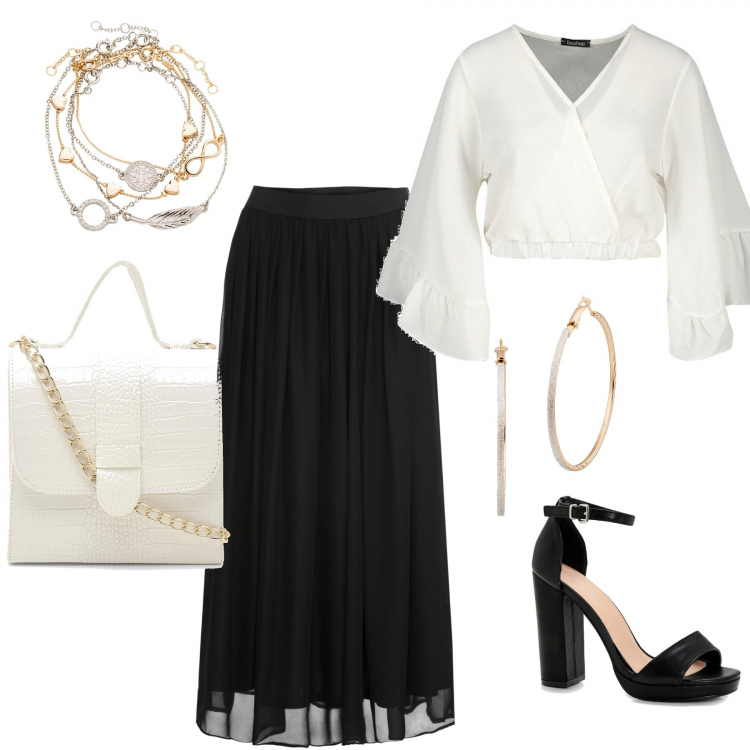 Outfit femme - Black and white. Style Chic pour Cérémonie. Assortir avec bracelets, jupes longues, boucles d'oreilles, tops et blouses, chaussures à talon, sacs à main.