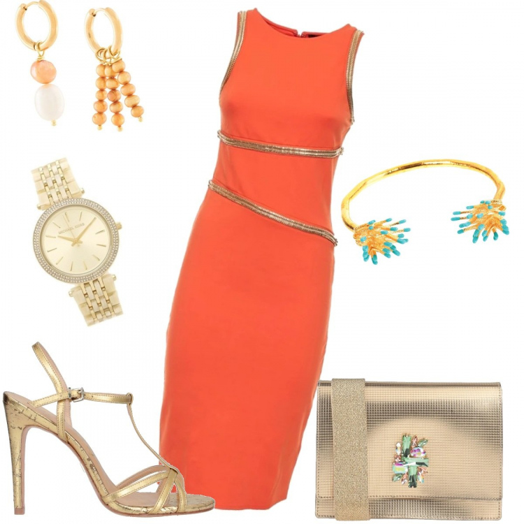 Outfit donna - A lume di candela. Stile Sexy per Serata fuori. Abbinamento con borse a mano, braccialetti, sandali col tacco, orologio, orecchini, vestiti.