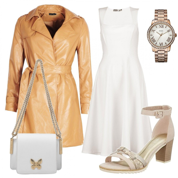 Outfit mujer - Lost un connecticut. Estilo Bon Ton para Todos los días. Combinación con sandalias, zuecos, mules y chanclas de moda beige, reloj, vestito skater aderente, cappotto wrap beige, bolsos de hombro.