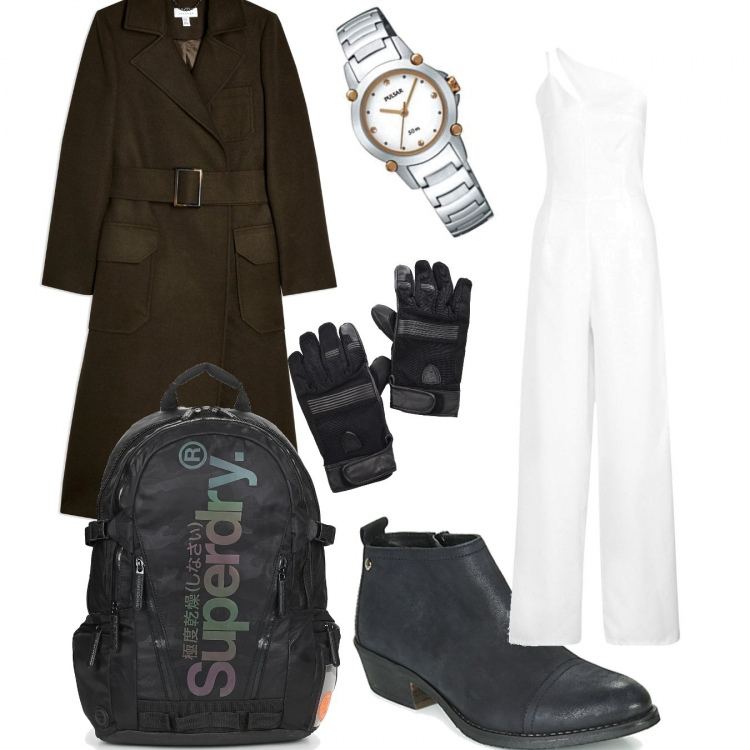 Outfit mujer - Sólo trench. Estilo Trendy para Todos los días. Combinación con orologio, zaino, botines, guantes, jumpsuit, cappotto.