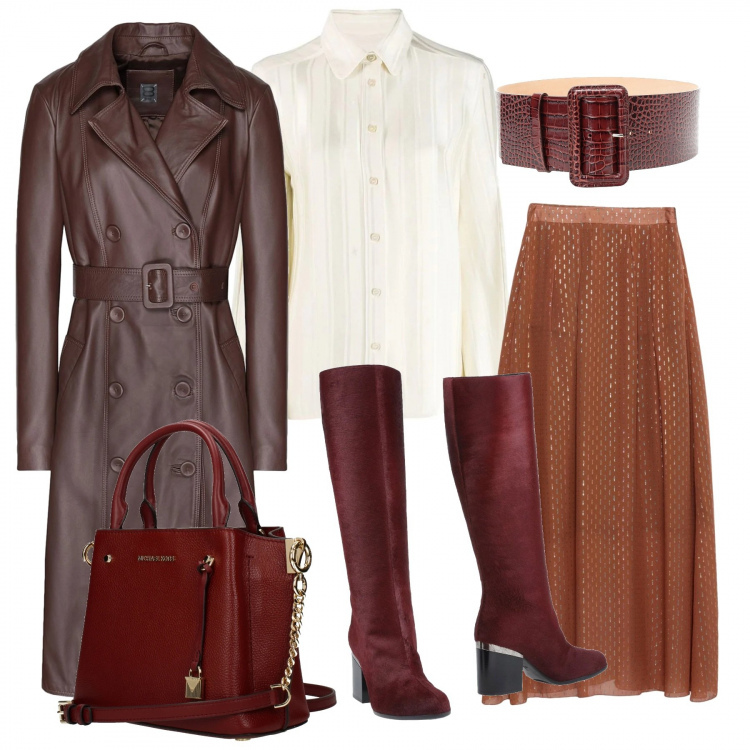 Outfit donna - Tono caldi. Stile Trendy per Tutti i giorni. Abbinamento con stivali, gonne lunghe, trench, cinture, borse a cartella, camicia.