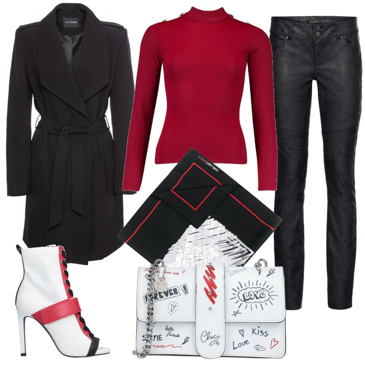Outfit femme - Tenue rouge blanc et noir. Style Rock pour Tous les jours. Assortir avec pantalon , imperméable, bottines, sacs à bandoulière et portés à l'épaule, foulards et écharpes, tops et blouses.