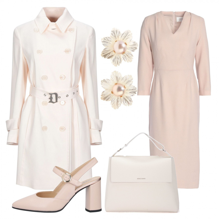 Outfit mujer - Tendresse. Estilo Bon Ton para Todos los días. Combinación con bolso de mano, pendientes, bailarinas y zapatos planos, trench, vestito a tubo in lana.