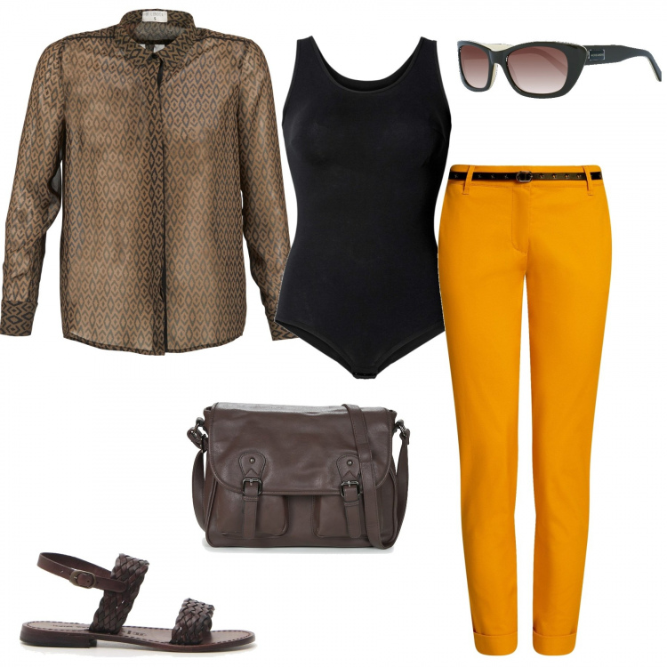 Outfit donna - InBrown4. Stile Basic per Tutti i giorni. Abbinamento con body, camicie, borsa a tracolla, pantalone chino, sandali, occhiali da sole.