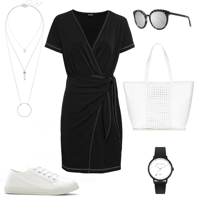 Outfit donna - ComeBack. Stile Basic per Tutti i giorni. Abbinamento con perizomi, ciondoli, sneakers, borsa, occhiali da sole, orologio.