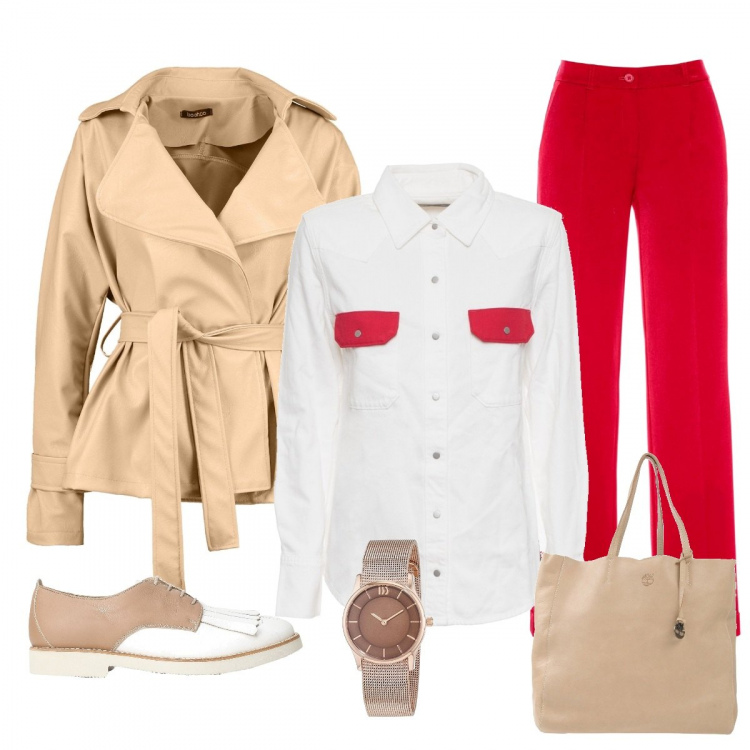 Outfit donna - Pronta per l \'ufficio. Stile Bon Ton per Ufficio. Abbinamento con pantaloni, borse a mano, scarpe stringate, giacca, camicia, orologi.
