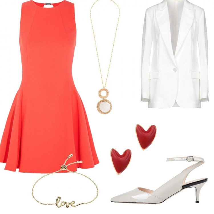 Outfit femme - Rouge passion pour diner aux chandelles. Style Bon Ton pour Soirée dehors. Assortir avec robes courtes, veste, boucles d'oreilles, escarpins, bracelets, colliers.
