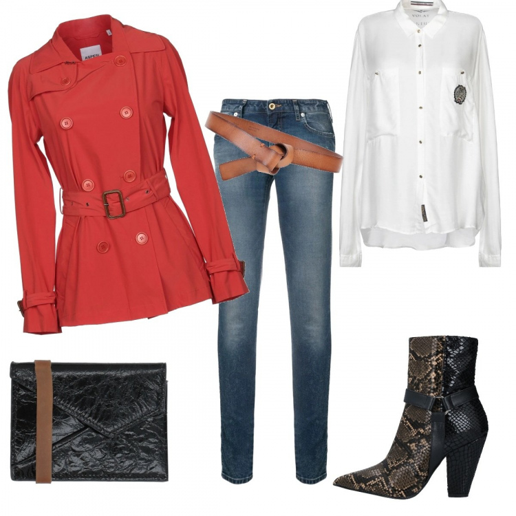 Outfit femme - Jour de pluie. Style Chic pour Bureau. Assortir avec bottines, chemisiers, manteaux, trenchs et éco-fourrures, jeans, ceintures et bretelles, sacoches d'ordinateur et porte-documents.