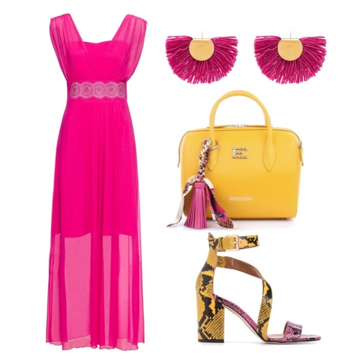 Outfit donna - Serata colorata. Stile Trendy per Serata fuori. Abbinamento con vestiti, borse a mano, sandali col tacco, orecchini.