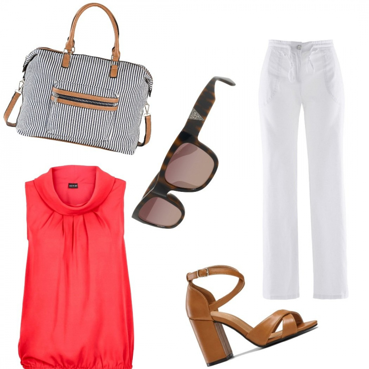 Outfit donna - Urban #9994. Stile Urban per Tutti i giorni. Abbinamento con pantaloni a palazzo, top, sandali col tacco, jeans a zampa, occhiali da sole.