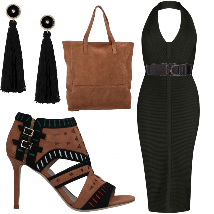 Outfit donna - Sexy #3317. Stile Sexy per Serata fuori. Abbinamento con cinture, stivaletti, borse a mano, orecchini, vestiti midi/longuette.