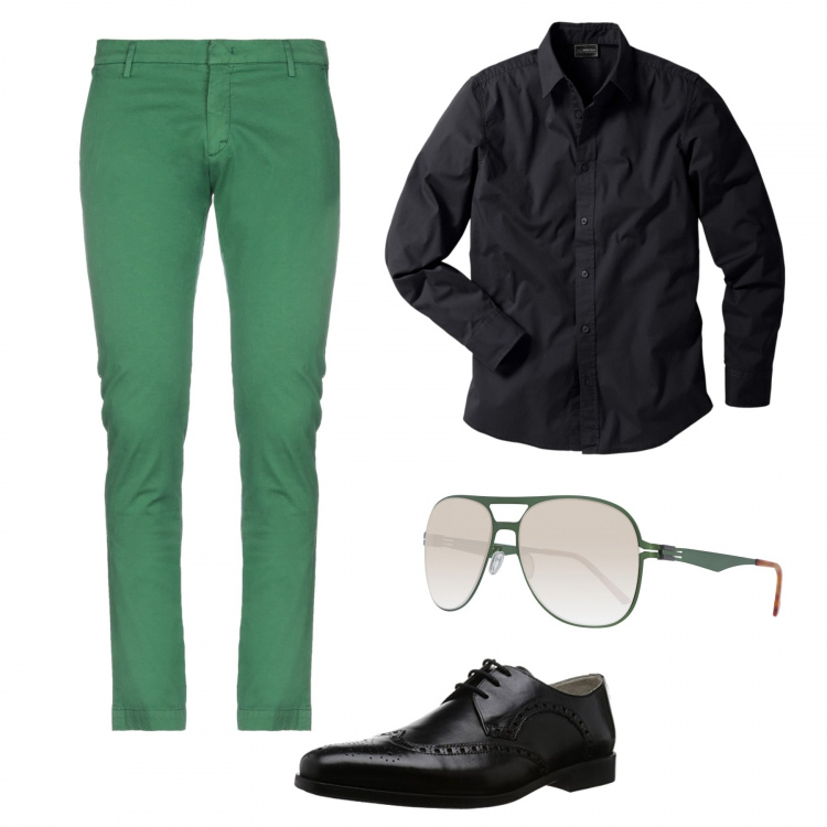 Outfit uomo - Brillante in ufficio. Stile Casual per Ufficio. Abbinamento con camicie, pantalone chino, occhiali da sole, scarpe stringate.