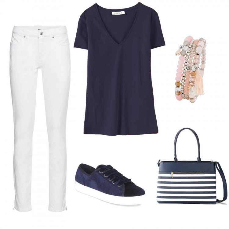 Outfit donna - Lunedì basic. Stile Basic per Tutti i giorni. Abbinamento con jeans skinny, portafogli, braccialetti, t-shirt, sneakers.