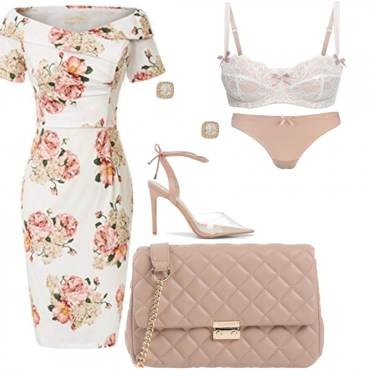 Outfit donna - Sexy. Stile Sexy per Cerimonia. Abbinamento con reggiseni a balconcino, borsa a tracolla, décolleté, clutch, vestito, perizomi.