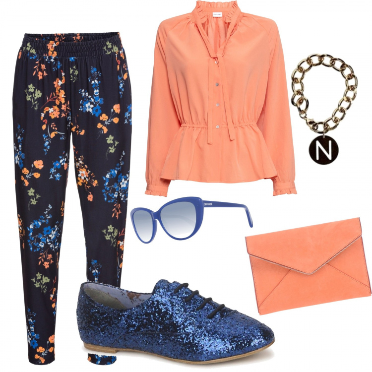 Outfit donna - Blu e arancione. Stile Bon Ton per Tutti i giorni. Abbinamento con pantalone lungo, bluse, borse a mano, scarpe stringate, braccialetti, occhiali da sole.