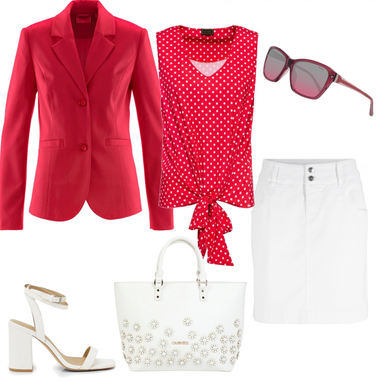 Outfit donna - Red4Spring. Stile Basic per Ufficio. Abbinamento con minigonne, top, blazer, borse a mano, scarpe col tacco, occhiali da sole.