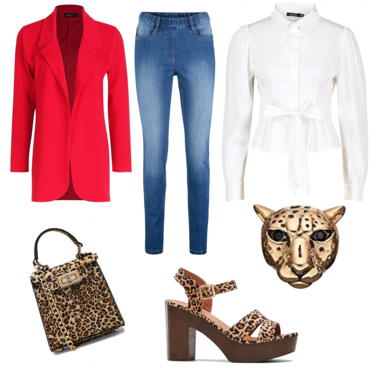Outfit donna - Total look #518701. per Tutti i giorni. Abbinamento con jeggings, sandali col tacco, blazer, camicia, corpo, ciondoli.
