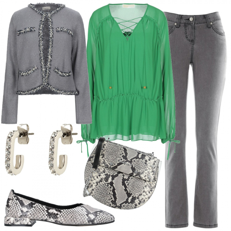Outfit donna - Trendy Curvystyle. Stile Trendy per Tutti i giorni. Abbinamento con jeans slim fit, bluse, blazer, ballerine, borsa a tracolla, orecchini.