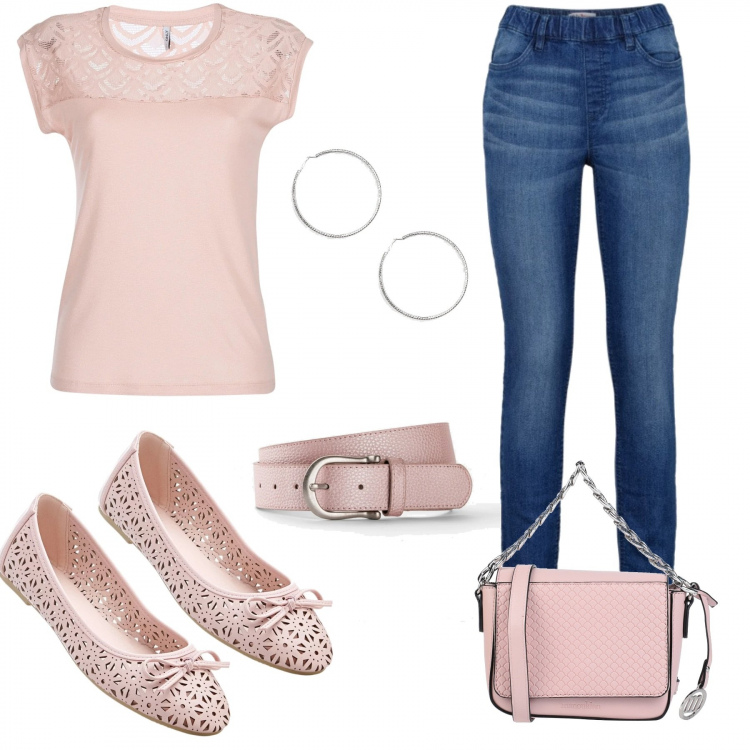 Outfit donna - Pink style. Stile Chic per Tutti i giorni. Abbinamento con ballerine, jeggings, cinture, borsa a mano, orecchini, camicia a maniche corte.