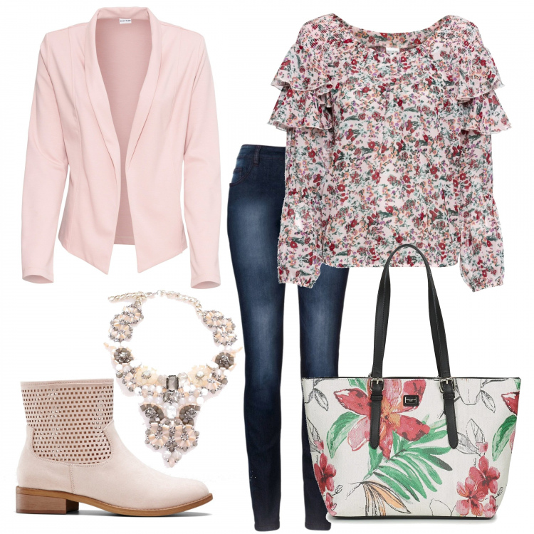 Outfit donna - Shopping primaverile. Stile Trendy per Tutti i giorni. Abbinamento con jeans skinny, bluse, blazer, stivaletti, borsa, collana.
