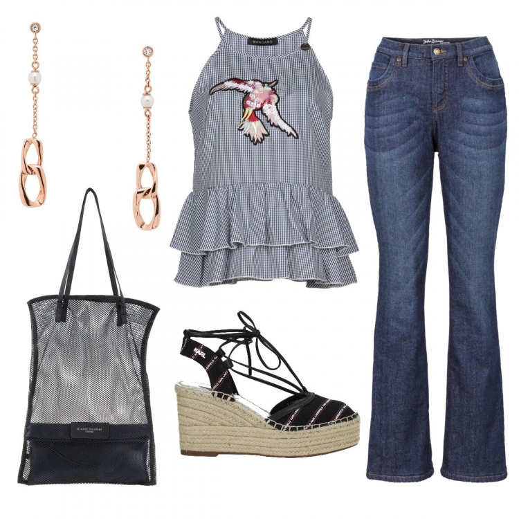 Outfit donna - Il top ricamato. Stile Basic per Tutti i giorni. look ideale per Petite. Abbinamento con jeans bootcut, top, borse a mano, orecchini, zeppe.
