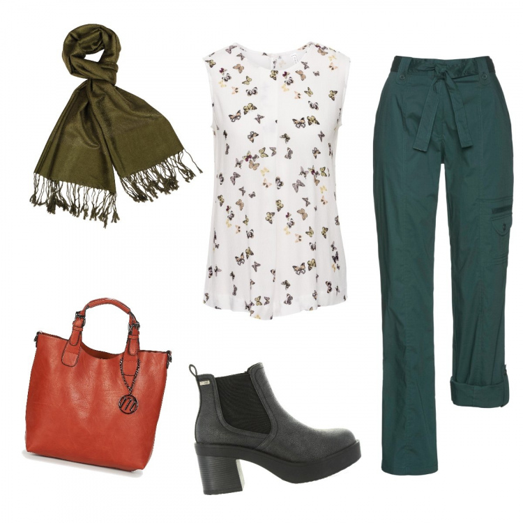 Outfit donna - Evergreen. Stile Trendy per Tutti i giorni. Abbinamento con top, pantaloni, borsa a mano, scialli, stivaletti.