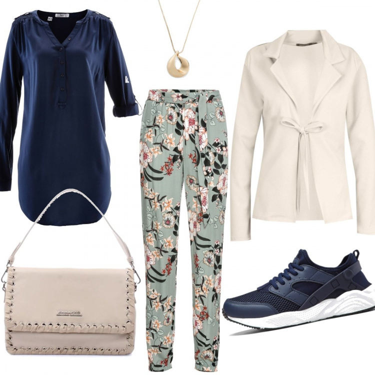 Outfit donna - Flower. Stile Trendy per Tutti i giorni. Abbinamento con tuniche, pantalone lungo, sneakers, ciondoli, blazer, borse a mano.