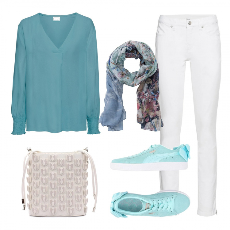 Outfit donna - Estivo - semplice. Stile Basic per Tutti i giorni. look ideale per Petite. Abbinamento con jeans skinny, bluse, scialli, sneakers, borsa a tracolla.