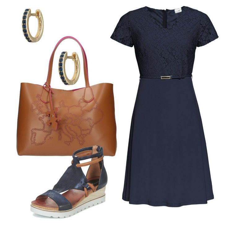 Outfit donna - Vestitino classico blu. Stile Basic per Ufficio. Abbinamento con vestiti corti, orecchini, sandali, borsa.
