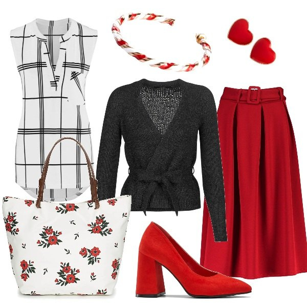 Outfit donna - La gonna rossa. Stile Trendy per Ufficio. Abbinamento con costumi interi, top, décolleté, gonna longuette, gilet, borsa.