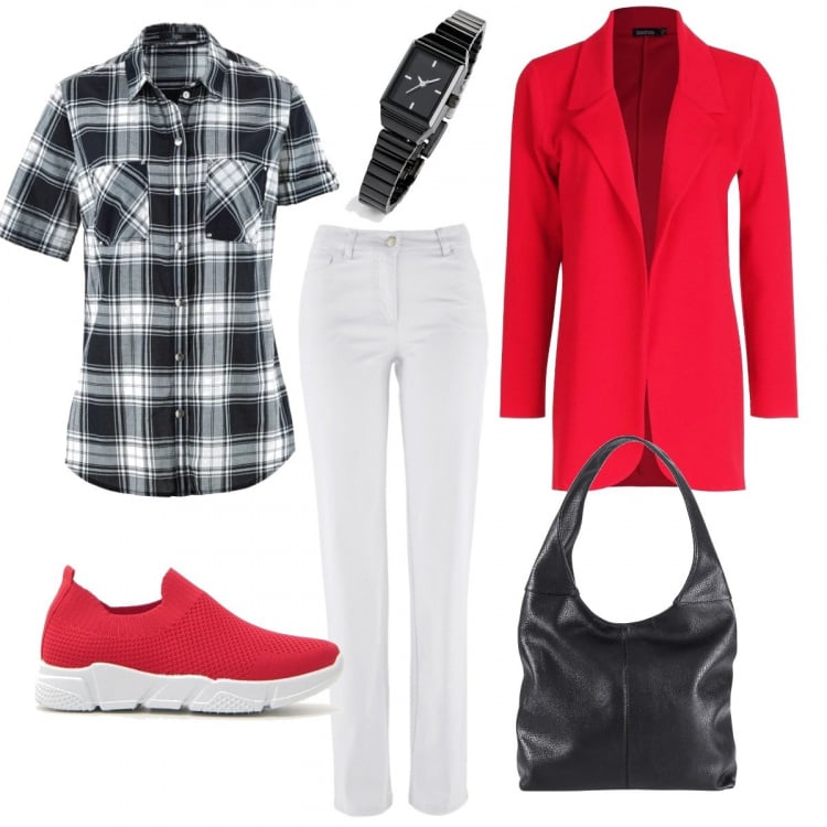 Outfit donna - Scozzese...con blazer... Stile Trendy per Tutti i giorni. Abbinamento con pantaloni, camicie a manica corta, borse a spalla, orologi, blazer, scarpa.