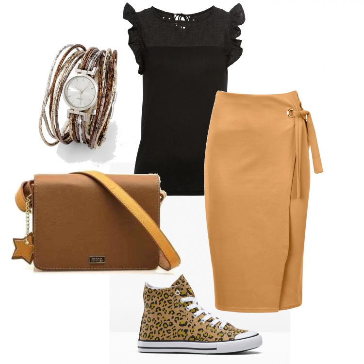 Outfit donna - Urban #10062. Stile Urban per Tutti i giorni. Abbinamento con t-shirt, sneakers alte, orologi, gonna longuette, borsa a tracolla.