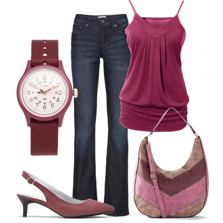 Outfit donna - Vinaccia. Stile Trendy per Scuola/Università. Abbinamento con top, jeans bootcut, borse a mano, scarpa, orologi.