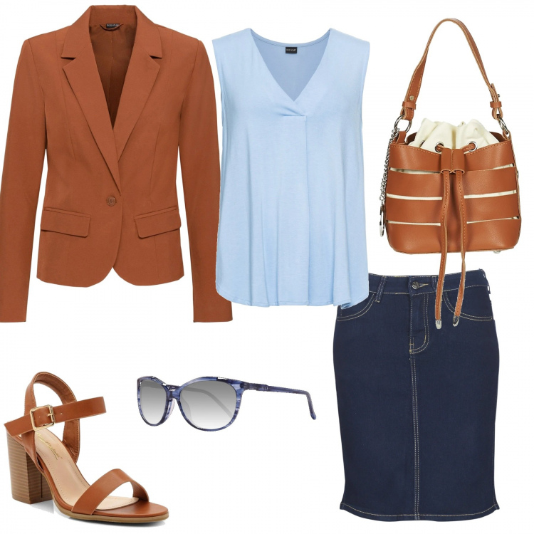 Outfit donna - RedSoil. Stile Basic per Ufficio. Abbinamento con top, blazer, sandali con tacco, minigonna, borsa a spalla, occhiali da sole.