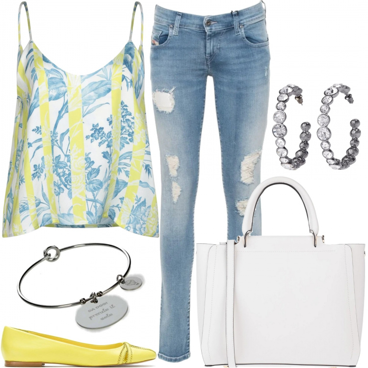Outfit donna - Giallo e jeans. Stile Trendy per Tutti i giorni. Abbinamento con top, orecchini, borse a mano, braccialetto, ballerine, jeans.