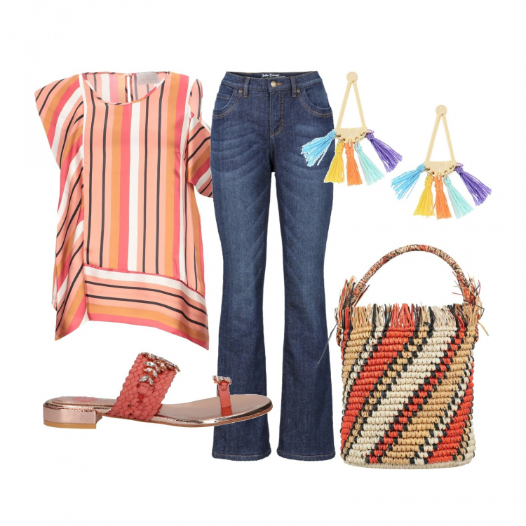 Outfit donna - Jeans e blusa a righe. Stile Trendy per Tutti i giorni. Abbinamento con jeans bootcut, top, borse a mano, orecchini, infradito.